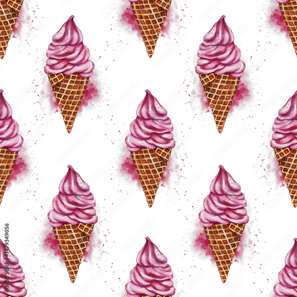 custom made wallpaper toronto digitalSeamless watercolor pattern with ice cream. Colorful hand-painted cones and scoops on a white isolated background. Perfect for summer textiles, packaging, wallpapers, and kids’ designs.