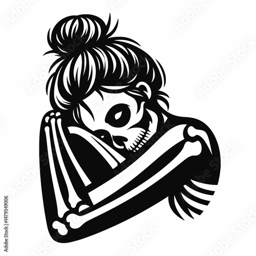 Female Skeleton with Messy Bun Sleeping. Clipart silhouette vector illustration. Bone woman relaxed slumber untidy updo mort concept peaceful rest.