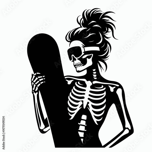 Female Skeleton with Messy Bun Snowboarding. Clipart silhouette vector illustration. Woman bone structure unkempt chignon wintersporting extreme cold weather.