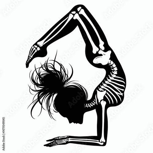 Female Skeleton with Messy Bun Somersault. Clipart silhouette vector illustration. Woman skull having unkempt hairdo acrobatic tumble human anatomy graphic.