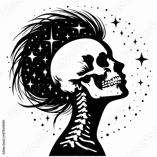 Female Skeleton with Messy Bun Stargazing. Clipart silhouette vector illustration. Womans bony figure updo looking at cosmos celestial view.