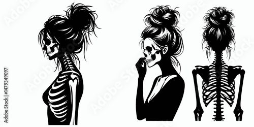 Female Skeleton with Messy Bun Standing. Clipart silhouette vector illustration. Bony dame untidy topknot posed dead girl torso figure in upright form.