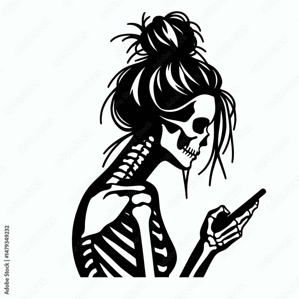 Female Skeleton with Messy Bun Texting. Clipart silhouette vector illustration. Woman skull figure casual hairdo utilizing mobile phone for communication. Female Skeleton with Messy Bun Texting. Clipart silhouette vector illustration. Woman skull figure casual hairdo utilizing mobile phone for communication.