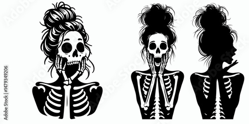 Female Skeleton with Messy Bun Surprised. Clipart silhouette vector illustration. Anatomical feminine figure untidy topknot exhibiting amazement.