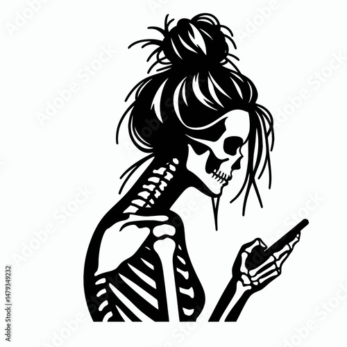 Female Skeleton with Messy Bun Texting. Clipart silhouette vector illustration. Woman skull figure casual hairdo utilizing mobile phone for communication.
