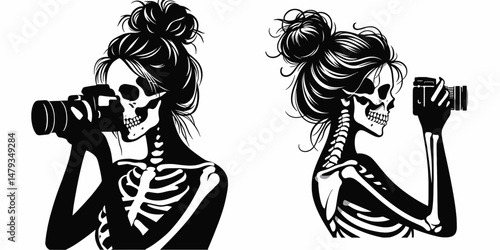 Female Skeleton with Messy Bun Taking Photo. Clipart silhouette vector illustration. Womans skull disheveled chignon capturing picture eerie halloween theme.