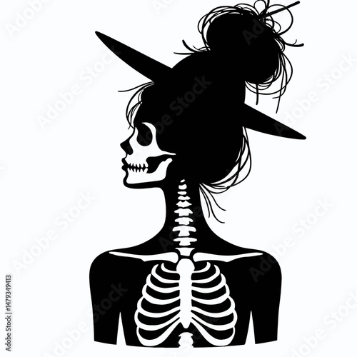 Female Skeleton with Messy Bun Witch. Clipart silhouette vector illustration. Skeletal sorceress unkempt hair knot halloween apparition.