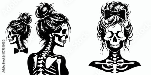 Female Skeleton with Messy Bun Bow Tie. Clipart silhouette vector illustration. Bony feminine figure untidy chignon knot neckwear ribbon spooky motif.
