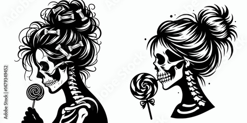 Female Skeleton with Messy Bun Candy. Clipart silhouette vector illustration. Bony woman image having untidy chignon and sweet treat for halloween.