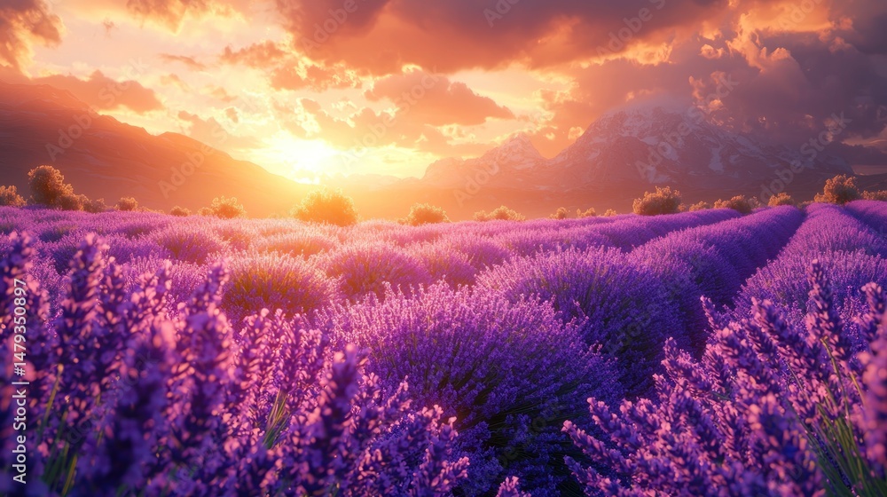 Fototapeta premium Lavender field at sunset with mountains (1)