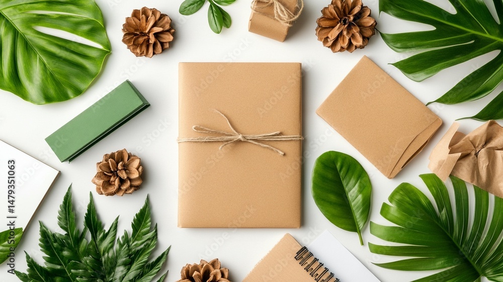 Flat lay arrangement of craft gifts and greenery on a white background. Includes presents, leaves, pinecones, and notebooks Flat lay arrangement of craft gifts and greenery on a white background. Includes presents, leaves, pinecones, and notebooks