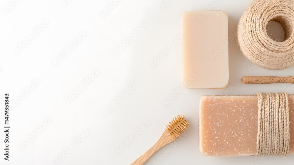 Flat Lay of Natural Soap Bars Wooden Toothbrush and Twine on White Background Flat Lay of Natural Soap Bars Wooden Toothbrush and Twine on White Background
