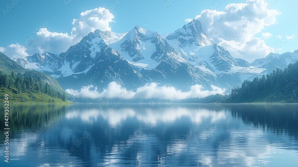 Majestic mountains reflect on tranquil lake. Lush greenery surrounds a serene alpine scene Majestic mountains reflect on tranquil lake. Lush greenery surrounds a serene alpine scene