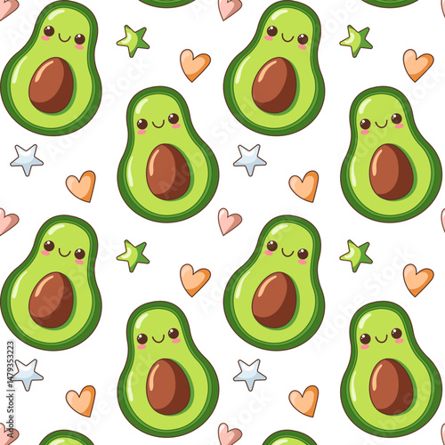 Kawaii avocado character. Seamless pattern. Playful food for social media, kawaii character. Vector illustrations
