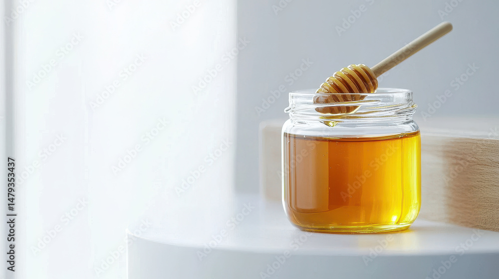 Jar of golden honey with wooden dipper resting on rim, showcasing its rich texture and color, evokes sense of natural sweetness and purity Jar of golden honey with wooden dipper resting on rim, showcasing its rich texture and color, evokes sense of natural sweetness and purity