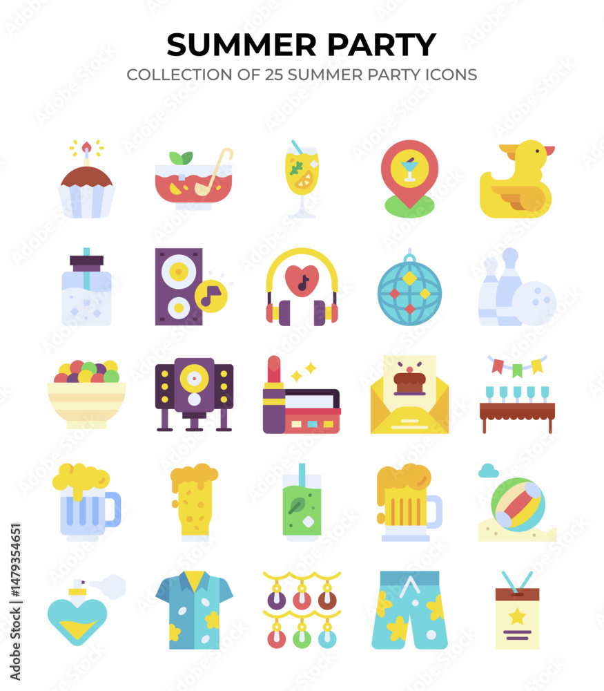Fototapeta premium Summer Party Icons. 25 Flat Design Elements for a Vibrant Celebration