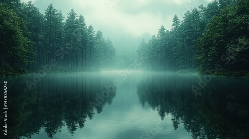 Misty forest lake, tranquil scene