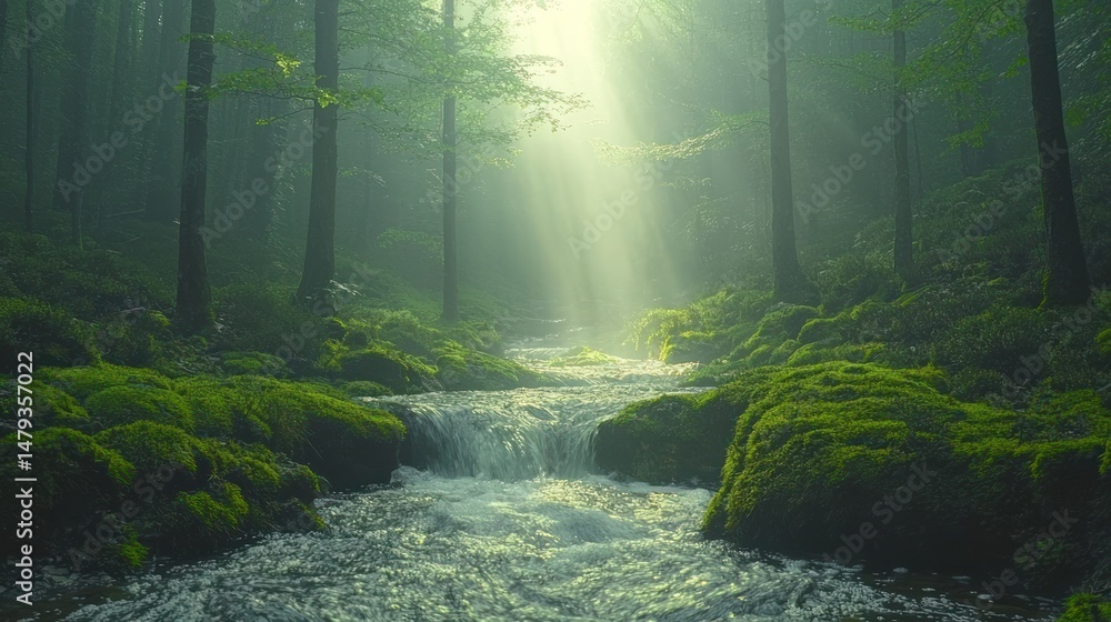 Fototapeta premium Misty forest stream, sunlight streams