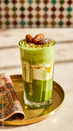 A vibrant green matcha smoothie served in a tall glass, topped with nuts, dates, and caramel, placed on a golden tray with a stylish patterned napkin.