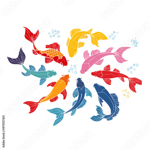 Set of silhouettes of colorful koi fish vector design	