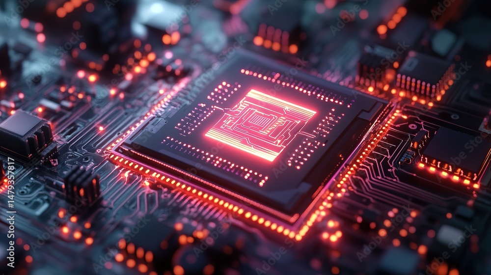 A futuristic AI chip with neon circuits glowing in a dark lab A futuristic AI chip with neon circuits glowing in a dark lab