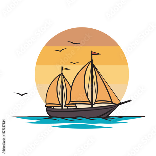 Peaceful unset sailing landscape illustration
