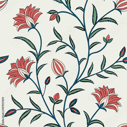 Floral Pattern Background Red Flower Branch Leaves