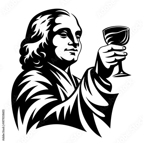 A stylized portrait of Benjamin Franklin raising a glass of wine in a celebratory toast