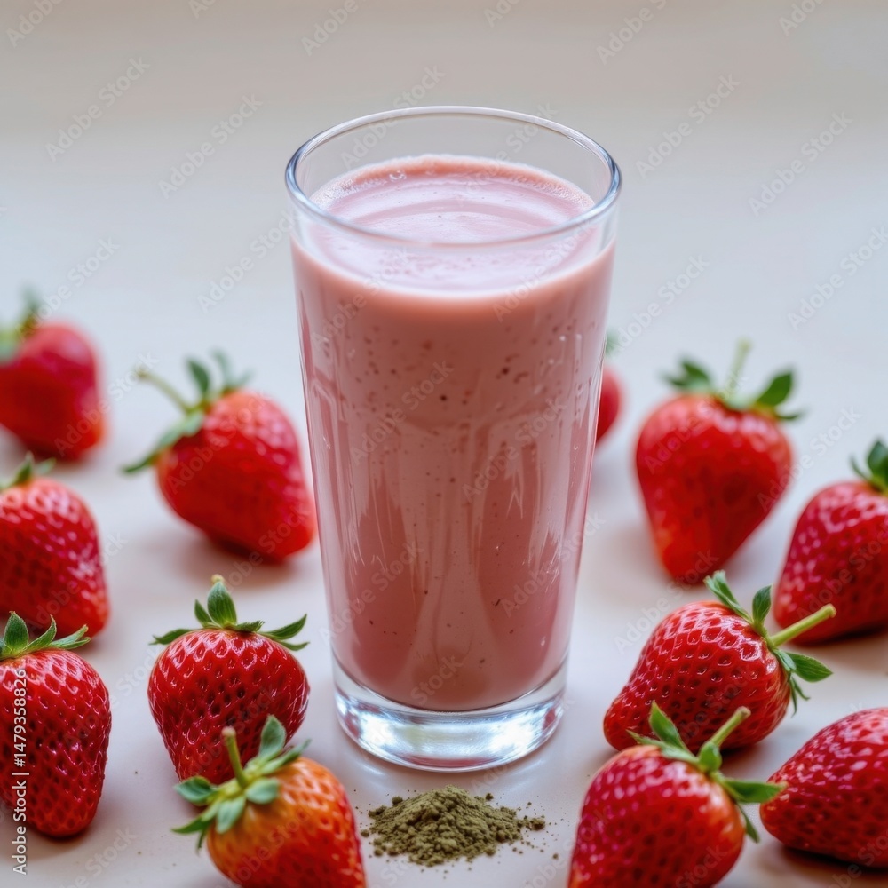 Refreshing strawberry smoothie in glass surrounded by fresh strawberries on white background healthy drink summer beverage nutritious refreshment Refreshing strawberry smoothie in glass surrounded by fresh strawberries on white background healthy drink summer beverage nutritious refreshment