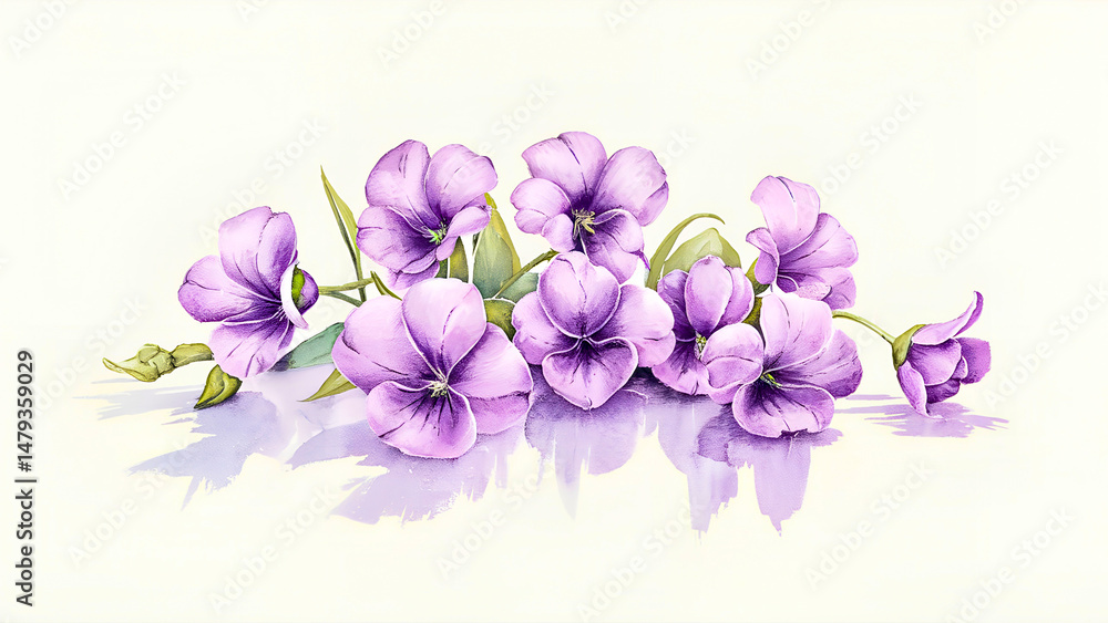 Obraz premium A delicate watercolor illustration depicting vibrant purple flowers with green leaves, set against a clean white backdrop, evoking a sense of beauty, peace, and nature's charm.