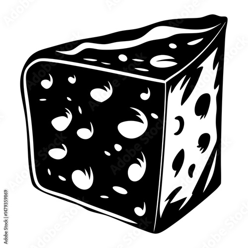 A Delicious Block of Swiss Cheese Illustration in Black and White Vintage Style