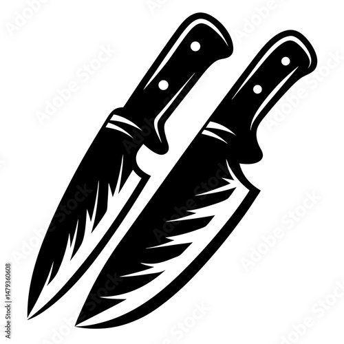 Pair of Sharp Kitchen Knives Black and White Graphic Design Illustration