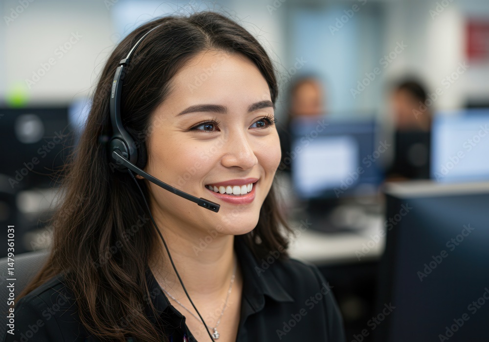 Smiling woman wearing a headset works in a busy office environment with computers Smiling woman wearing a headset works in a busy office environment with computers