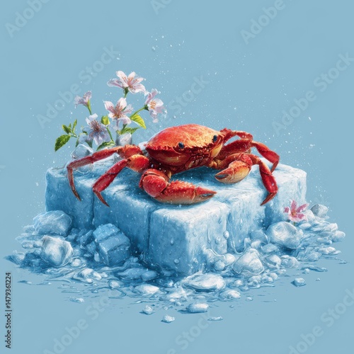 Aromatic blossoms accompany crab posed atop melting glacier ice cube