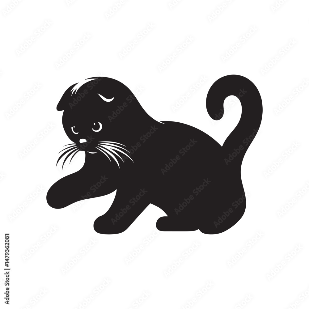 Fototapeta premium Charming Scottish Fold Cat Silhouette Vector Illustration – Adorable Feline with Distinctive Folded Ears, Perfect for Pet Logos, Wall Art, T-shirt Designs, and Animal-Themed Creative Projects 
