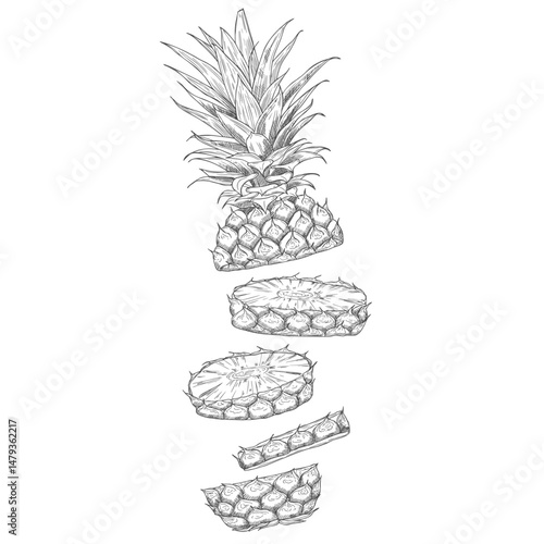 Sketch of a cut pineapple. Set of ink sketches. Hand drawn vector illustration. Pineapple slices