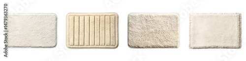 Soft, luxurious bath mats in a range of neutral tones, showcasing various textures and styles, perfect for enhancing bathroom decor or providing comfort and warmth underfoot