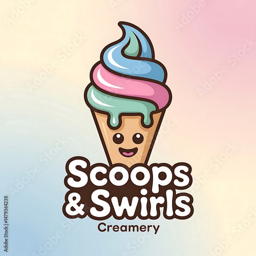 Colorful cartoon ice cream cone character logo design on soft gradient background