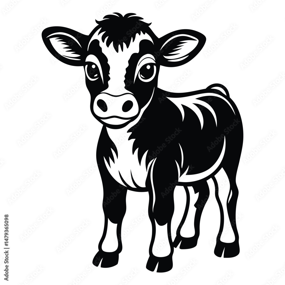 Fototapeta premium A happy baby cow Vector, drawn in a woodcut style with simple line art