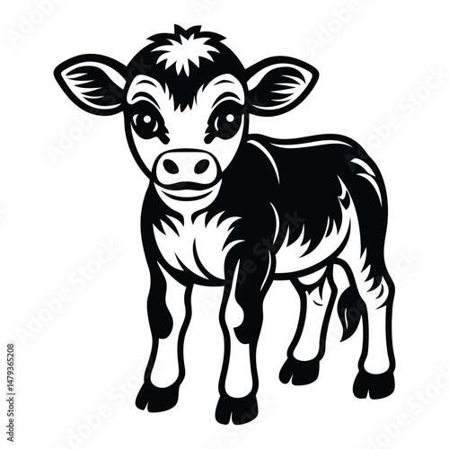 A happy baby cow Vector, drawn in a woodcut style with simple line art