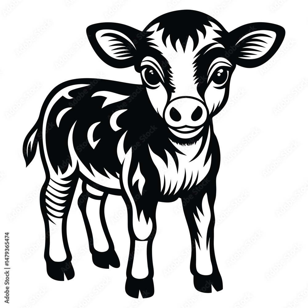 Fototapeta premium A happy baby cow Vector, drawn in a woodcut style with simple line art