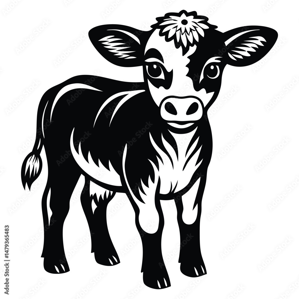 Fototapeta premium A happy baby cow Vector, drawn in a woodcut style with simple line art