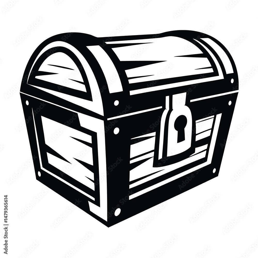 A Classic Wooden Treasure Chest Illustration in Black and White A Classic Wooden Treasure Chest Illustration in Black and White