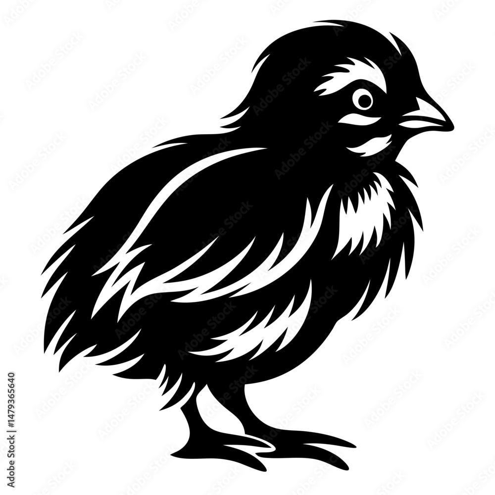 Obraz premium Adorable Baby Quail Chick Bird Vector Illustration Black and White Graphic Design