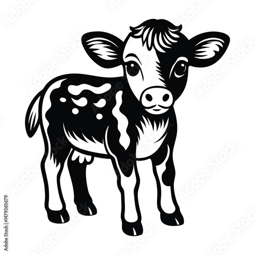 A happy baby cow Vector, drawn in a woodcut style with simple line art