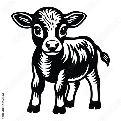 A happy baby cow Vector, drawn in a woodcut style with simple line art