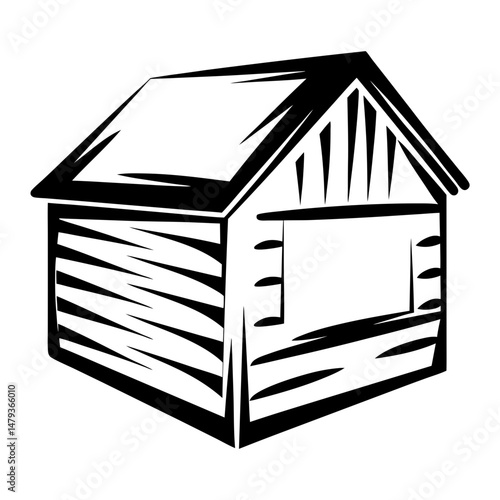 Simple Black and White Drawing of a Wooden Cabin or Small House with a Gable Roof