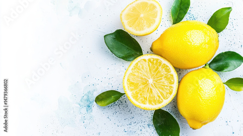 Fresh yellow lemons with green leaves, sliced and whole, create vibrant and refreshing display