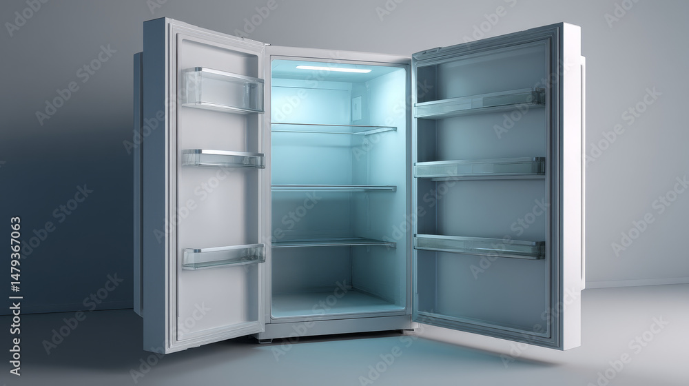 3d realistic vector icon illustration. Kitchen appliance, two doors frigde closed and open, empty with shelves. 3d realistic vector icon illustration. Kitchen appliance, two doors frigde closed and open, empty with shelves.
