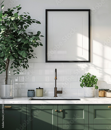 poster wooden frame mockup, kitchen mockup, modern green kitchen interior